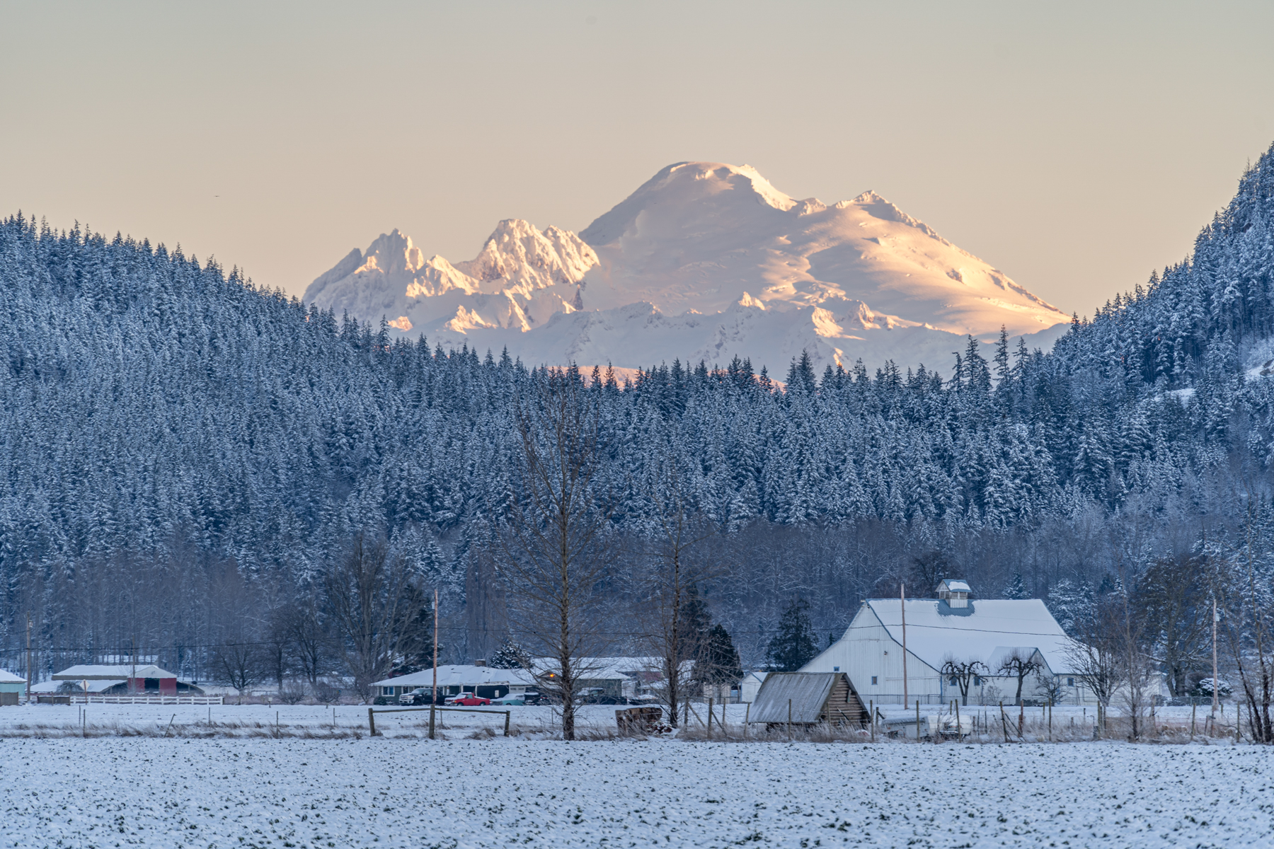 Mt. Baker seen beyond the saddle of Little Mountain, Mount Vernon, WA