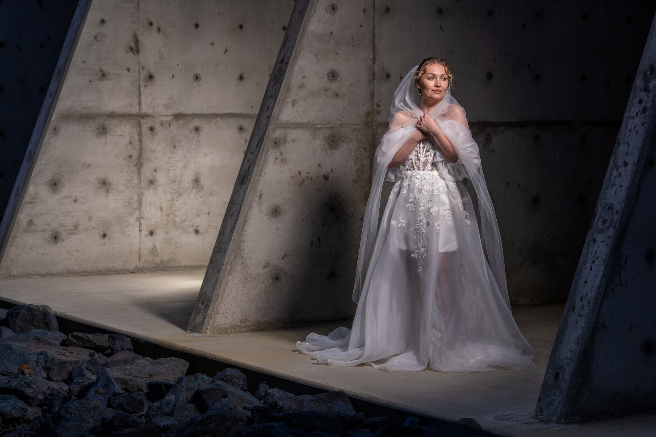 bride wearing a wedding dress from Stilly Lilly Bridal, Stanwood, Washington, at blue hour